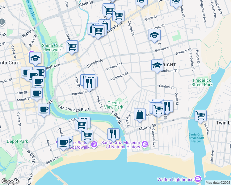 map of restaurants, bars, coffee shops, grocery stores, and more near 116 Ocean View Way in Santa Cruz