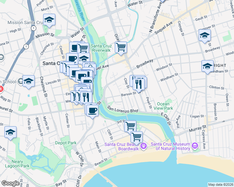 map of restaurants, bars, coffee shops, grocery stores, and more near 6 Barson Street in Santa Cruz
