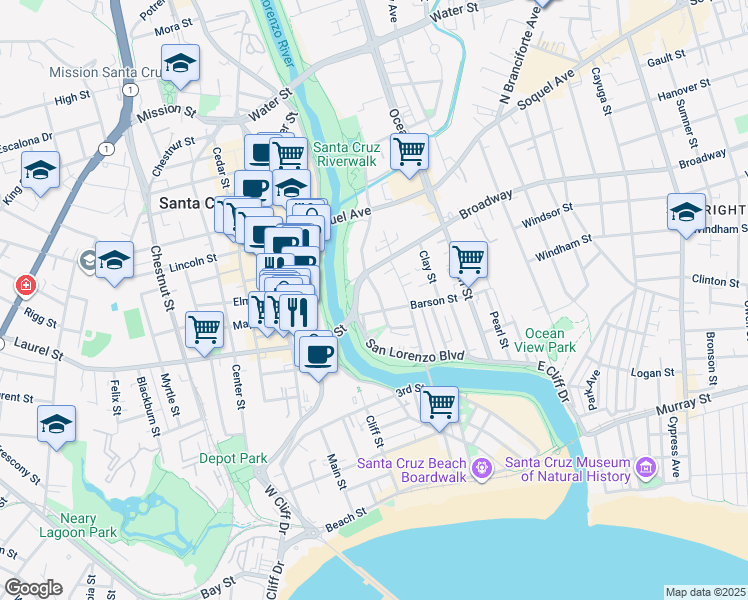 map of restaurants, bars, coffee shops, grocery stores, and more near 111 Barson Street in Santa Cruz