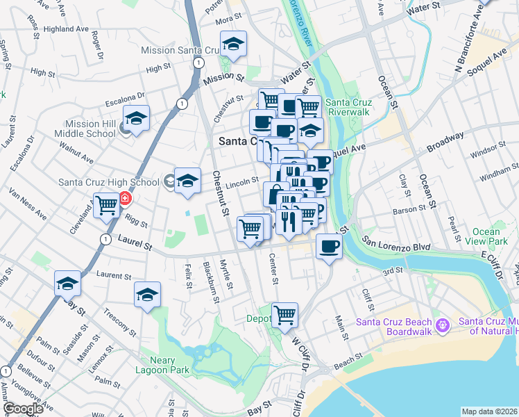 map of restaurants, bars, coffee shops, grocery stores, and more near 307 Elm Street in Santa Cruz
