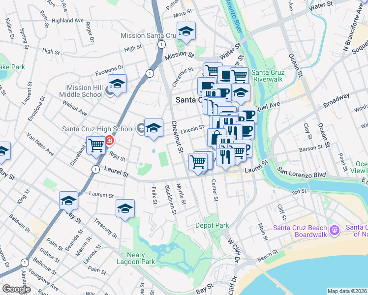 map of restaurants, bars, coffee shops, grocery stores, and more near 314 Chestnut Street in Santa Cruz