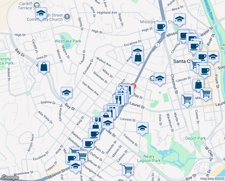 map of restaurants, bars, coffee shops, grocery stores, and more near 319 Cleveland Avenue in Santa Cruz