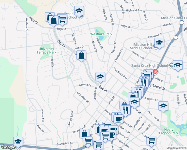 map of restaurants, bars, coffee shops, grocery stores, and more near 100 Overlook Drive in Santa Cruz