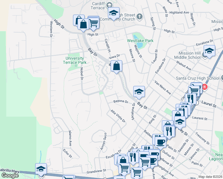 map of restaurants, bars, coffee shops, grocery stores, and more near 201 Crestview Terrace in Santa Cruz