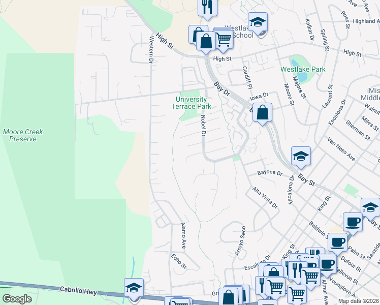 map of restaurants, bars, coffee shops, grocery stores, and more near 227 Calvin Place in Santa Cruz