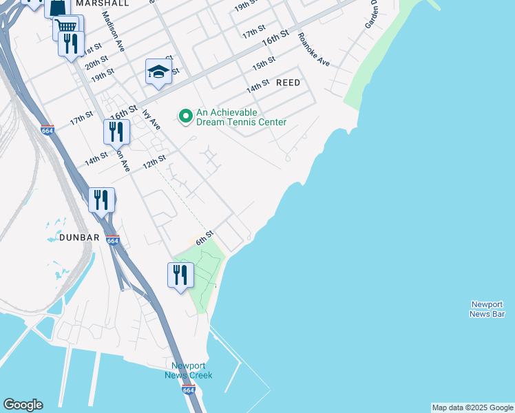 map of restaurants, bars, coffee shops, grocery stores, and more near 700 Waterfront Circle in Newport News