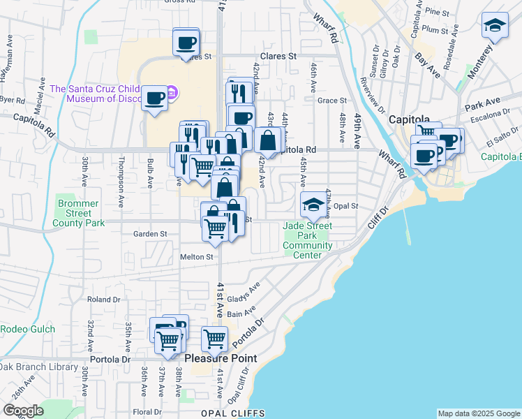 map of restaurants, bars, coffee shops, grocery stores, and more near 1375 42nd Avenue in Capitola