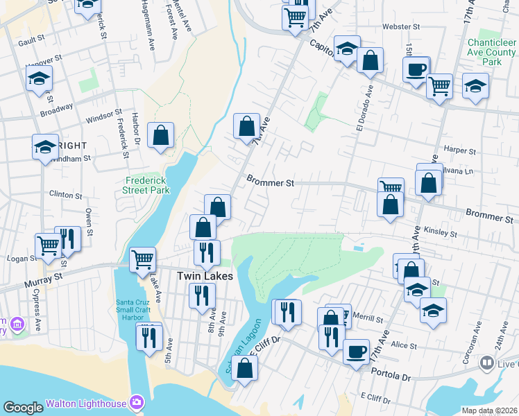 map of restaurants, bars, coffee shops, grocery stores, and more near 800 Brommer Street in Santa Cruz