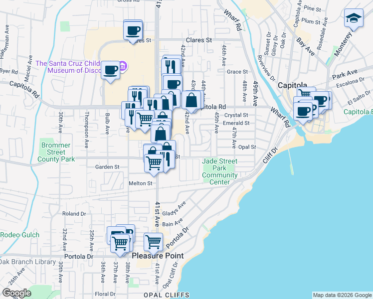 map of restaurants, bars, coffee shops, grocery stores, and more near 1375 42nd Avenue in Capitola