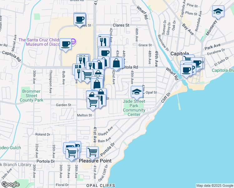 map of restaurants, bars, coffee shops, grocery stores, and more near 4200 Diamond Street in Capitola