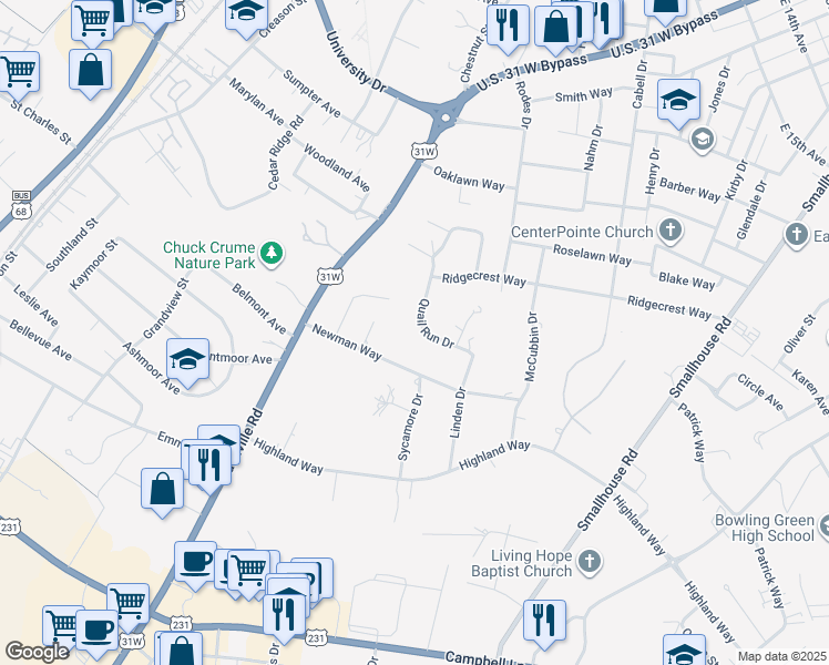 map of restaurants, bars, coffee shops, grocery stores, and more near 2072 Quail Run Drive in Bowling Green