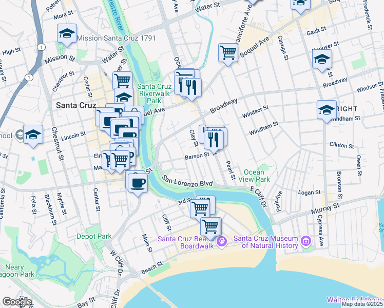 map of restaurants, bars, coffee shops, grocery stores, and more near 313 Barson Street in Santa Cruz
