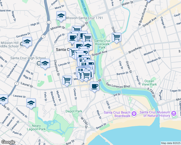 map of restaurants, bars, coffee shops, grocery stores, and more near 920 Pacific Avenue in Santa Cruz