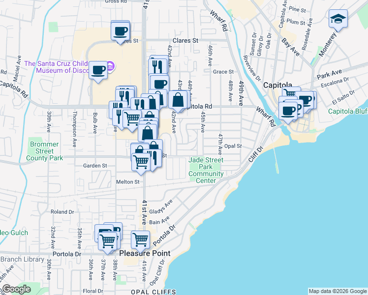 map of restaurants, bars, coffee shops, grocery stores, and more near 4225 Jade Street in Capitola