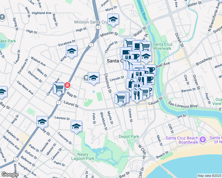 map of restaurants, bars, coffee shops, grocery stores, and more near 314 Chestnut Street in Santa Cruz