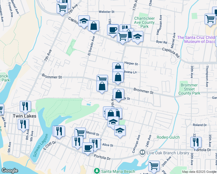 map of restaurants, bars, coffee shops, grocery stores, and more near 1600 Brommer Street in Santa Cruz