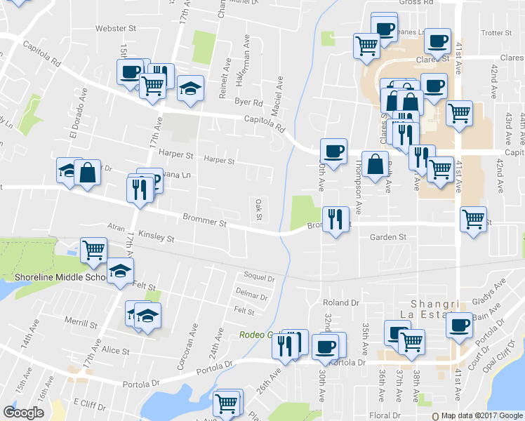 map of restaurants, bars, coffee shops, grocery stores, and more near 2701 Brommer Street in Santa Cruz