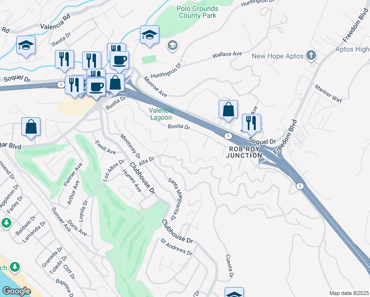 map of restaurants, bars, coffee shops, grocery stores, and more near 518 Encino Drive in Aptos