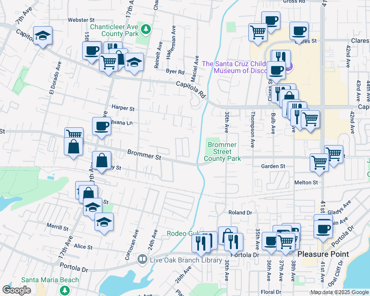 map of restaurants, bars, coffee shops, grocery stores, and more near 2655 Brommer Street in Santa Cruz