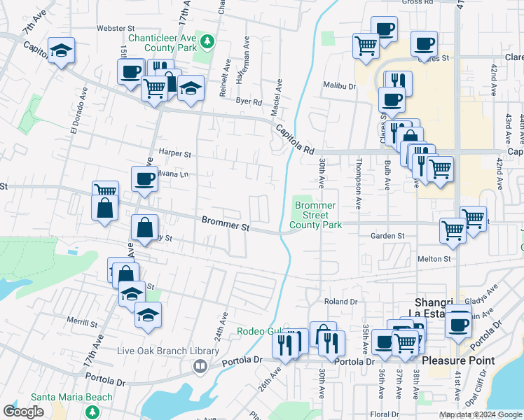 map of restaurants, bars, coffee shops, grocery stores, and more near 2655 Brommer Street in Santa Cruz