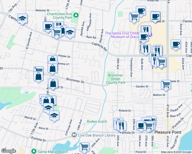 map of restaurants, bars, coffee shops, grocery stores, and more near 2655 Brommer Street in Santa Cruz
