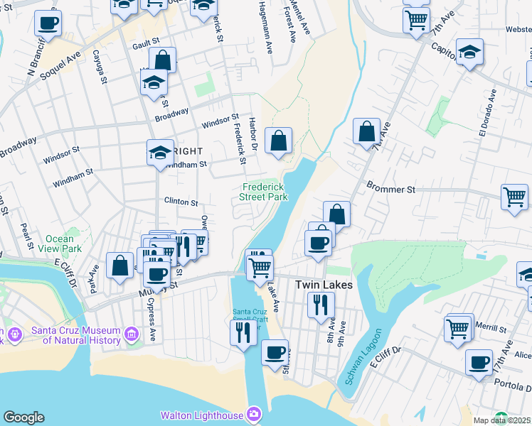 map of restaurants, bars, coffee shops, grocery stores, and more near 112 Frederick Street in Santa Cruz