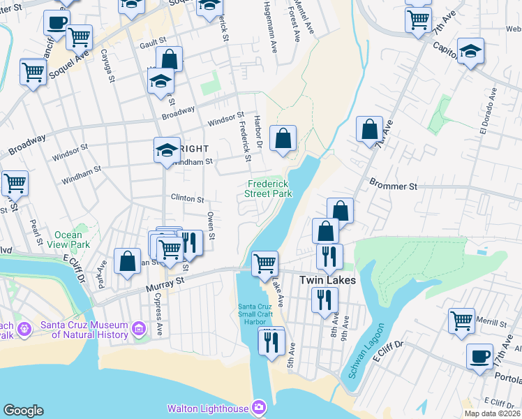 map of restaurants, bars, coffee shops, grocery stores, and more near 111 Frederick Street in Santa Cruz