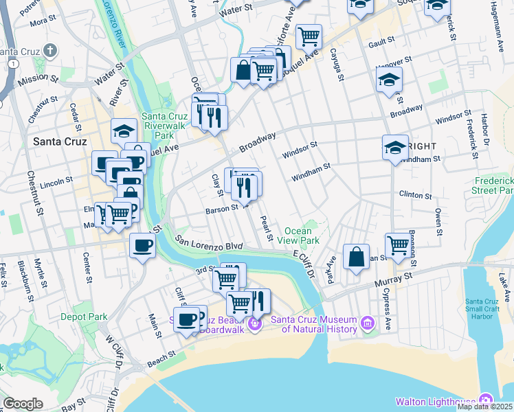map of restaurants, bars, coffee shops, grocery stores, and more near 220 Pearl Street in Santa Cruz