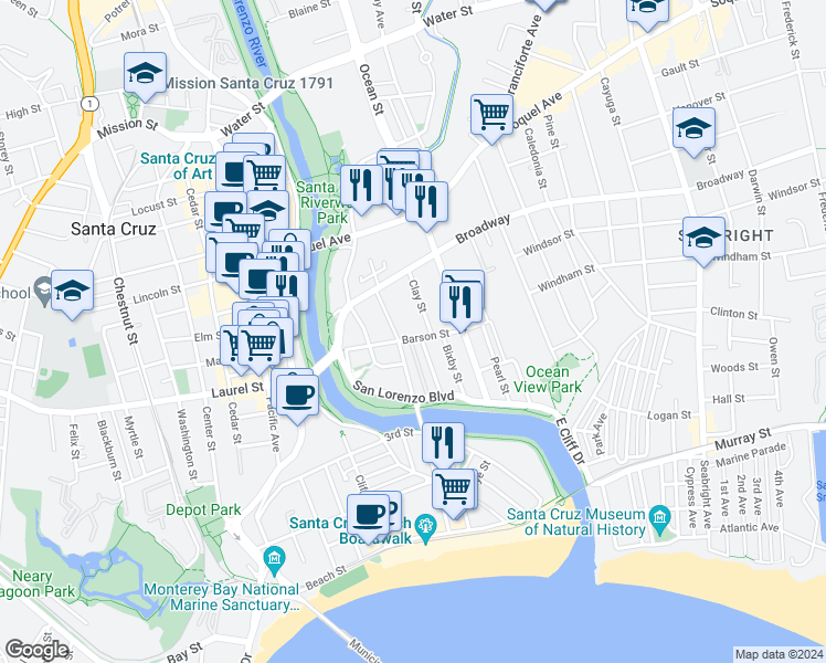 map of restaurants, bars, coffee shops, grocery stores, and more near 145 Canfield Avenue in Santa Cruz