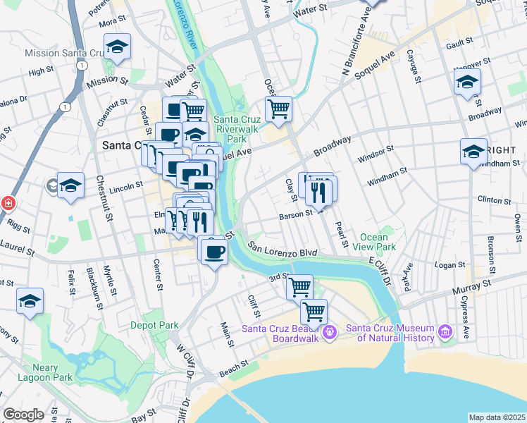 map of restaurants, bars, coffee shops, grocery stores, and more near 6 Barson Street in Santa Cruz