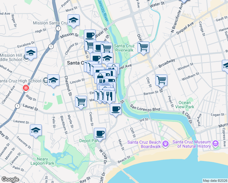 map of restaurants, bars, coffee shops, grocery stores, and more near 408 Front Street in Santa Cruz