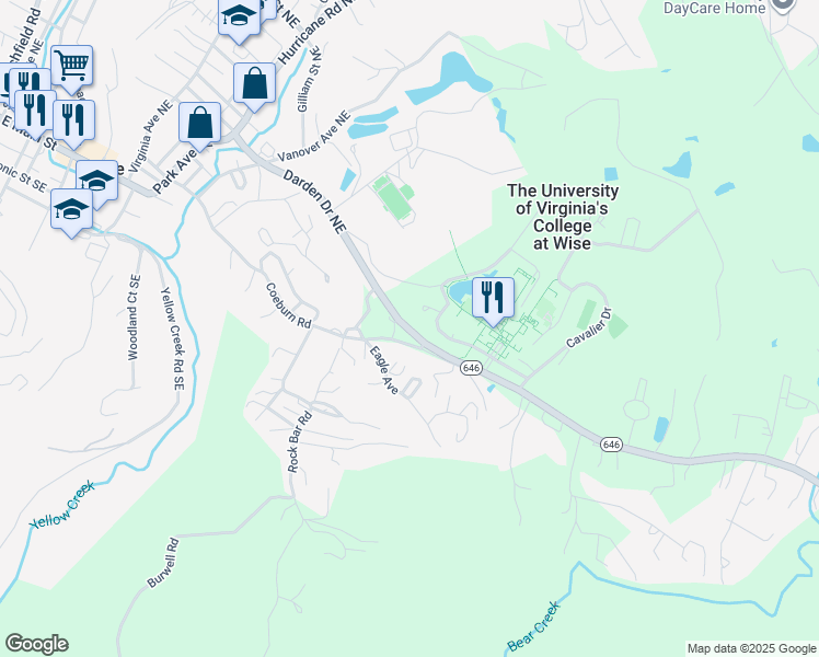 map of restaurants, bars, coffee shops, grocery stores, and more near 9226 State Route 1418 in Wise