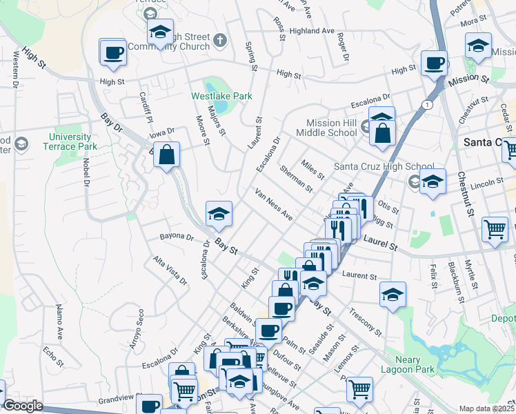 map of restaurants, bars, coffee shops, grocery stores, and more near 626 Laurent Street in Santa Cruz