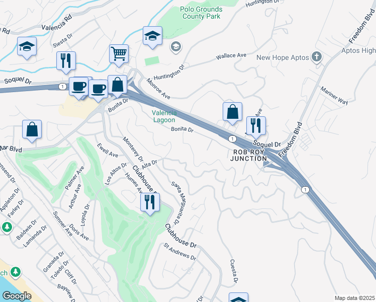 map of restaurants, bars, coffee shops, grocery stores, and more near 518 Encino Drive in Aptos