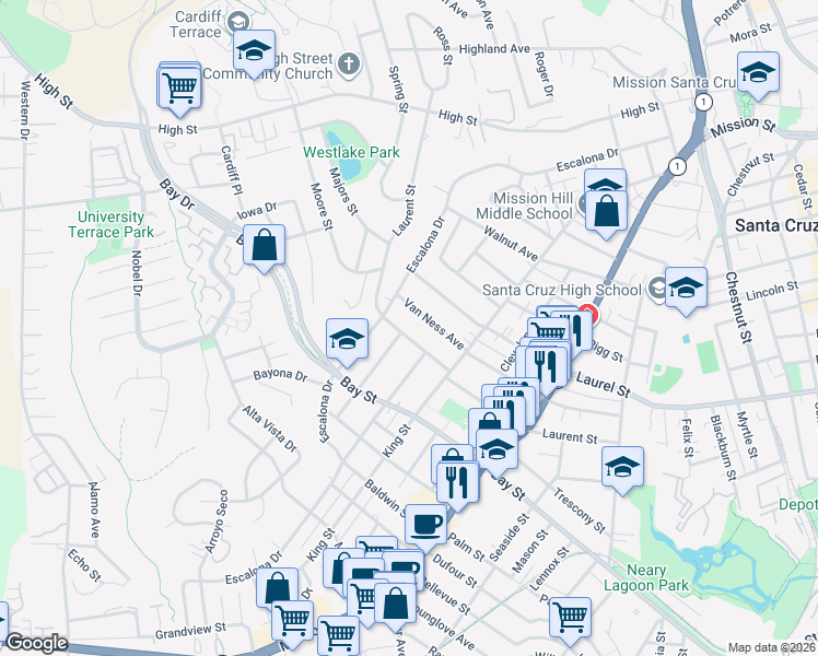 map of restaurants, bars, coffee shops, grocery stores, and more near 626 Laurent Street in Santa Cruz
