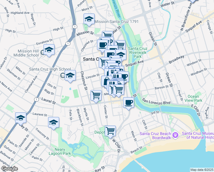 map of restaurants, bars, coffee shops, grocery stores, and more near 418A Cedar Street in Santa Cruz