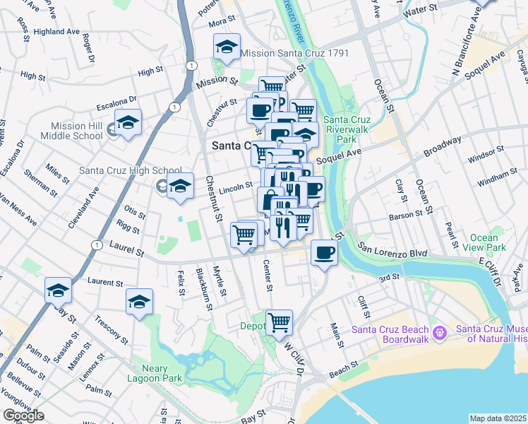 map of restaurants, bars, coffee shops, grocery stores, and more near 214 Elm Street in Santa Cruz