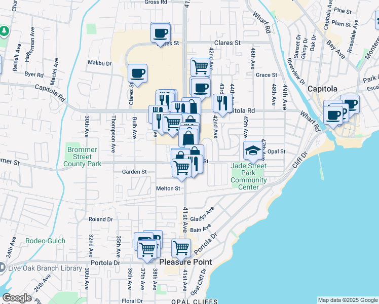 map of restaurants, bars, coffee shops, grocery stores, and more near 1355 41st Avenue in Capitola