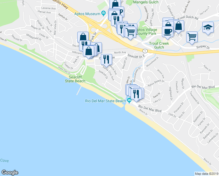 map of restaurants, bars, coffee shops, grocery stores, and more near 174 Seacliff Drive East in Aptos