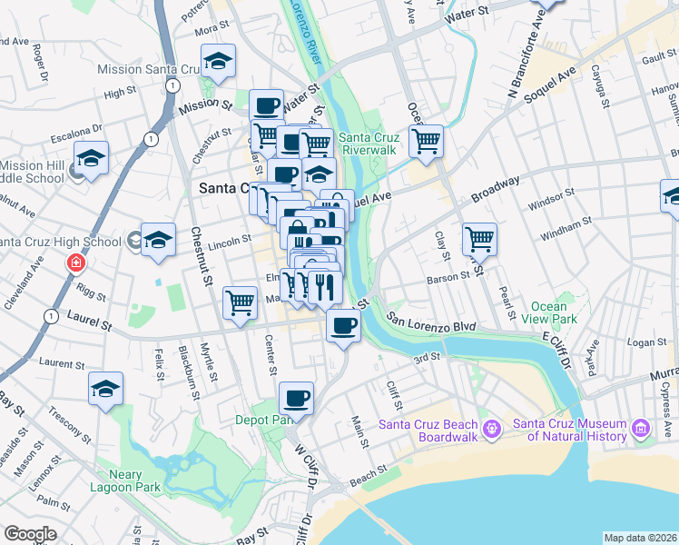 map of restaurants, bars, coffee shops, grocery stores, and more near 408 Front Street in Santa Cruz