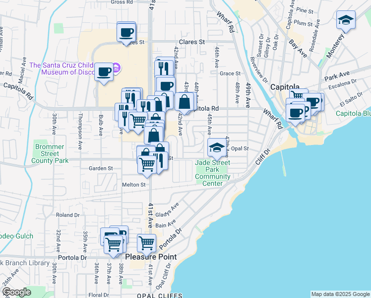 map of restaurants, bars, coffee shops, grocery stores, and more near 4200 Diamond Street in Capitola