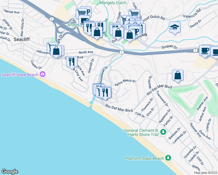 map of restaurants, bars, coffee shops, grocery stores, and more near 211 Aptos Beach Drive in Aptos