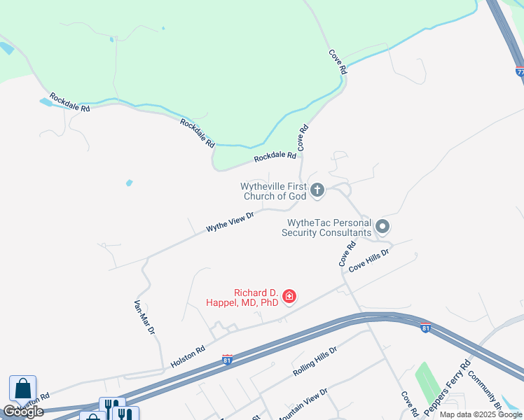 map of restaurants, bars, coffee shops, grocery stores, and more near 680 Wythe View Dr in Wytheville