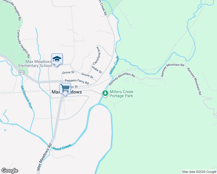 map of restaurants, bars, coffee shops, grocery stores, and more near 1257 Ramsey Mountain Road in Max Meadows