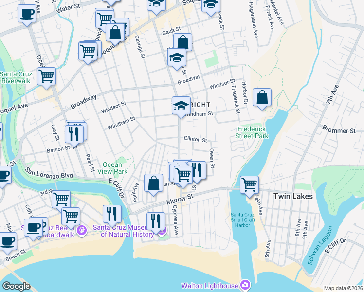 map of restaurants, bars, coffee shops, grocery stores, and more near 806 Seabright Avenue in Santa Cruz