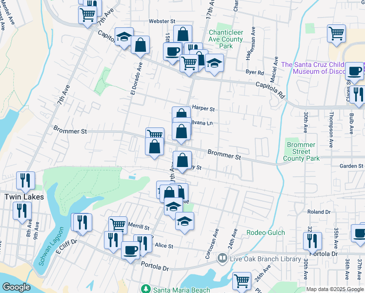 map of restaurants, bars, coffee shops, grocery stores, and more near Brommer Street in Santa Cruz