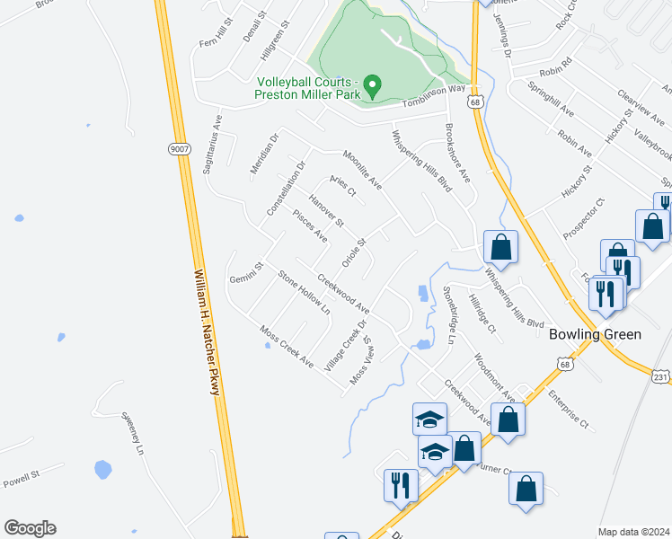 map of restaurants, bars, coffee shops, grocery stores, and more near 2643 Oriole Street in Bowling Green