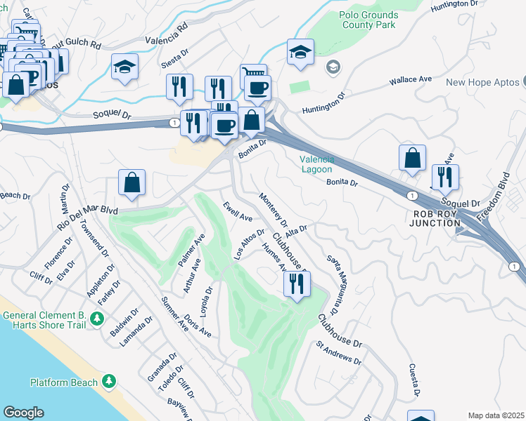 map of restaurants, bars, coffee shops, grocery stores, and more near 507 Clubhouse Drive in Aptos