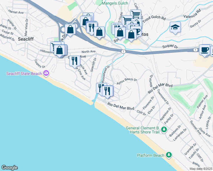 map of restaurants, bars, coffee shops, grocery stores, and more near 113 Stephen Road in Aptos