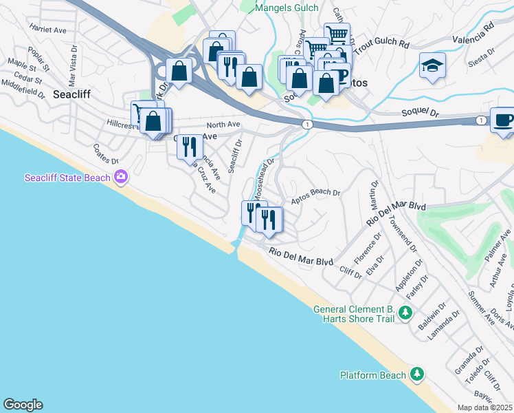 map of restaurants, bars, coffee shops, grocery stores, and more near 113 Stephen Road in Aptos
